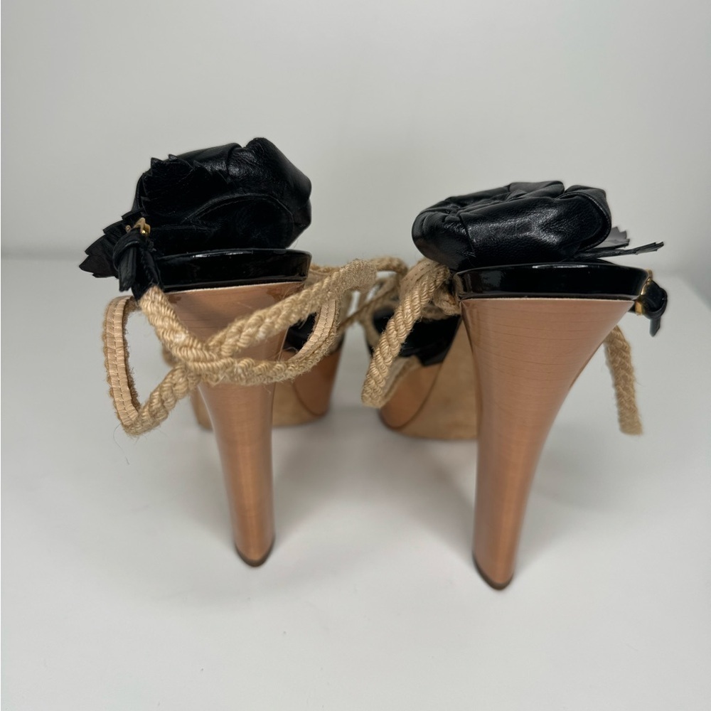 Louis Vuitton Black Leather Floral Appliqué Rope Strap Sandals Sz 38 - Picture 3 of 5